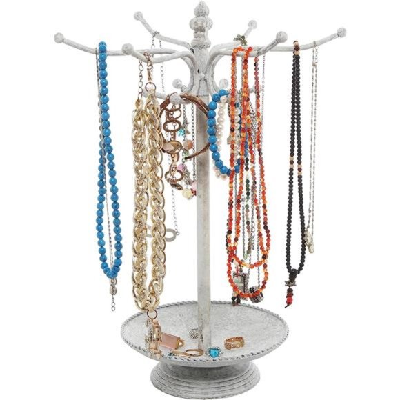 White Metal Jewelry Holder Stand, Necklace Bracelet Organizer Rack with 12 Hooks - Picture 1 of 5